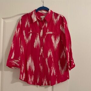 Chico’s size 0, (small) vibrant, pink and white button-down shirt
